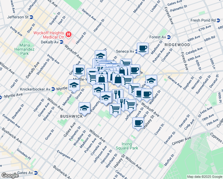 map of restaurants, bars, coffee shops, grocery stores, and more near 15 Ridgewood Place in Brooklyn