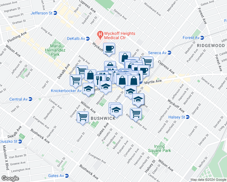 map of restaurants, bars, coffee shops, grocery stores, and more near 288 Grove Street in Brooklyn