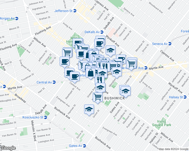 map of restaurants, bars, coffee shops, grocery stores, and more near 1285 Greene Avenue in Brooklyn