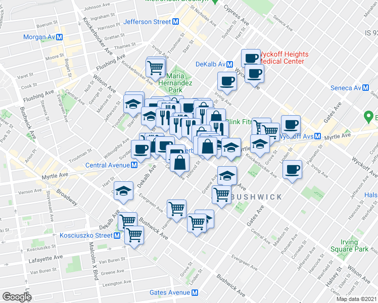 map of restaurants, bars, coffee shops, grocery stores, and more near 132A Stanhope Street in Brooklyn