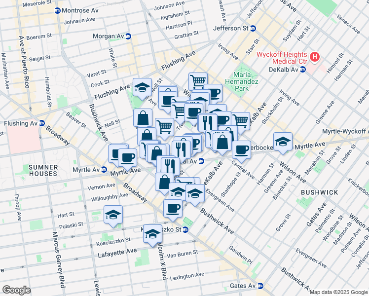 map of restaurants, bars, coffee shops, grocery stores, and more near 100 Suydam Street in Brooklyn
