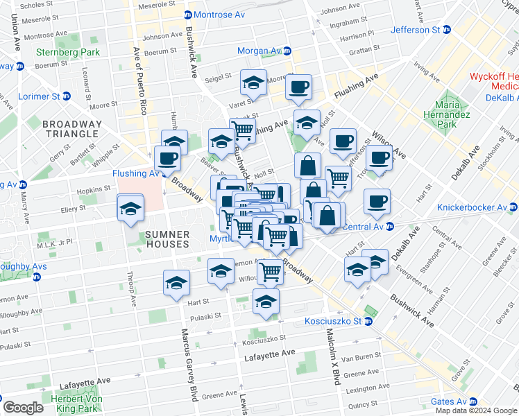 map of restaurants, bars, coffee shops, grocery stores, and more near 34 Melrose Street in Brooklyn