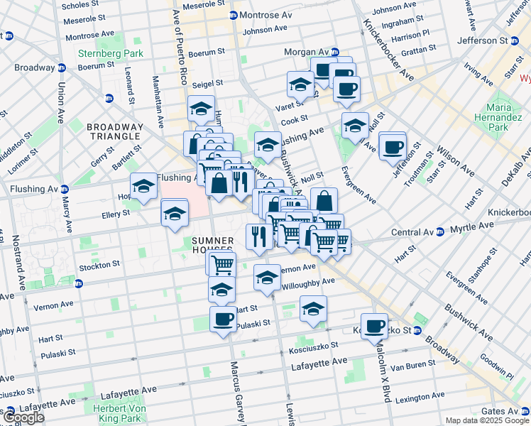 map of restaurants, bars, coffee shops, grocery stores, and more near 874 Broadway in Brooklyn