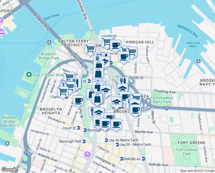 map of restaurants, bars, coffee shops, grocery stores, and more near 212 Jay Street in Brooklyn