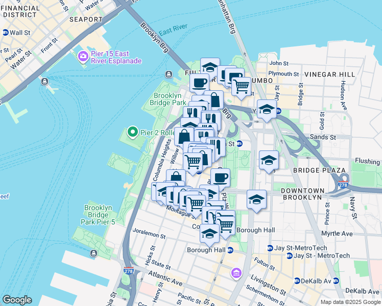 map of restaurants, bars, coffee shops, grocery stores, and more near 80 Clark Street in Brooklyn