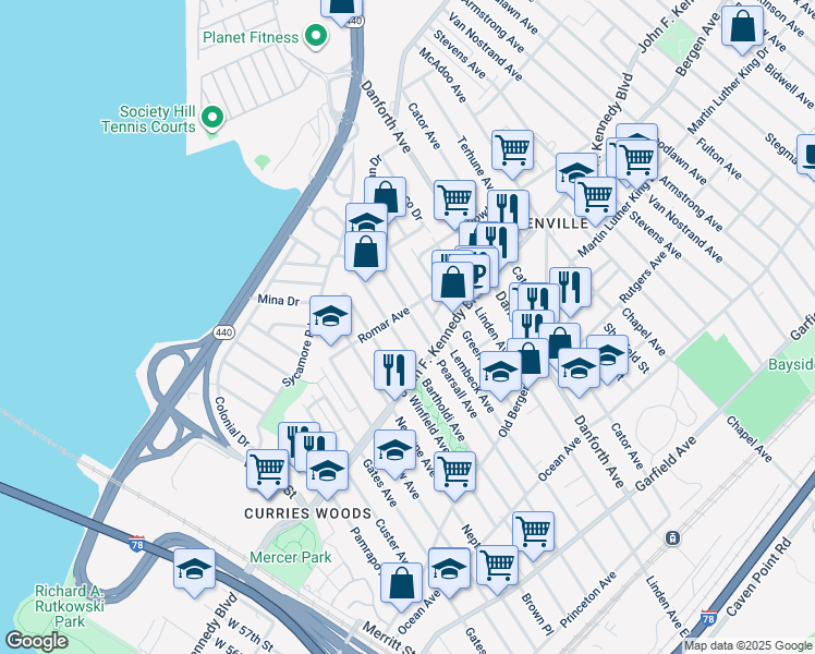 map of restaurants, bars, coffee shops, grocery stores, and more near 1657 John F. Kennedy Boulevard in Jersey City
