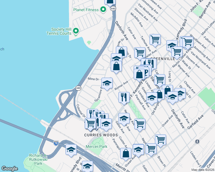 map of restaurants, bars, coffee shops, grocery stores, and more near 16 Romar Avenue in Jersey City