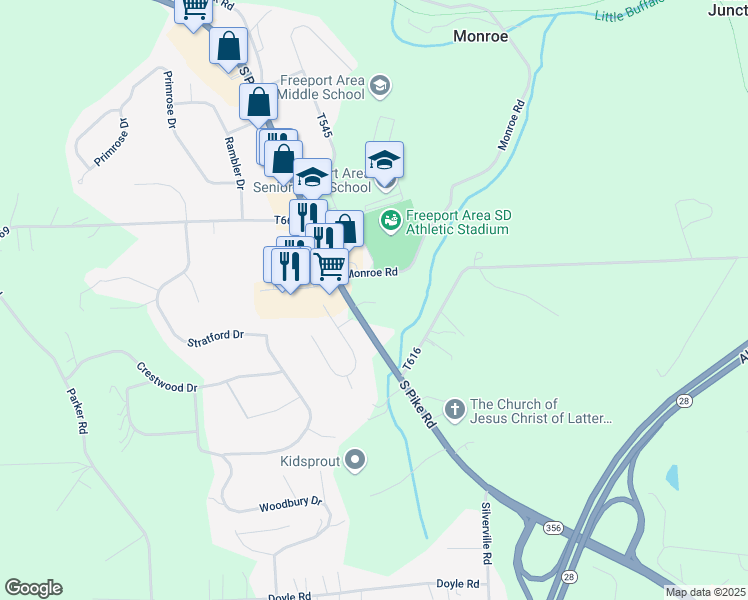map of restaurants, bars, coffee shops, grocery stores, and more near 727 South Pike Road in Sarver