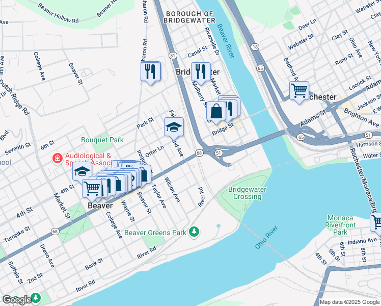 map of restaurants, bars, coffee shops, grocery stores, and more near in Beaver