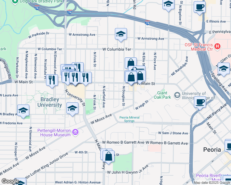 map of restaurants, bars, coffee shops, grocery stores, and more near 805 West Saint James Street in Peoria