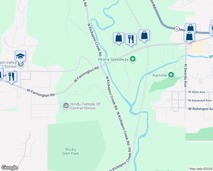 map of restaurants, bars, coffee shops, grocery stores, and more near 173-447 North Kickapoo Creek Road in Peoria