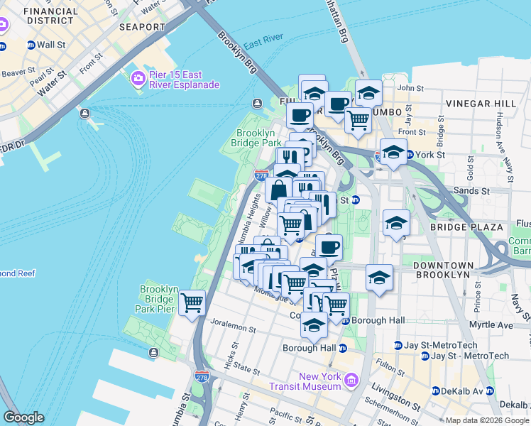 map of restaurants, bars, coffee shops, grocery stores, and more near 78 Willow Street in Brooklyn