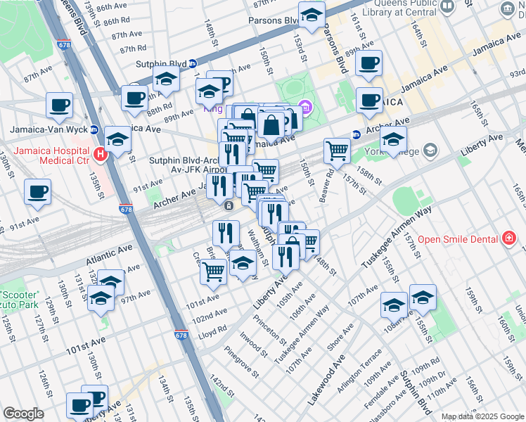 map of restaurants, bars, coffee shops, grocery stores, and more near 95-17 Sutphin Boulevard in Queens