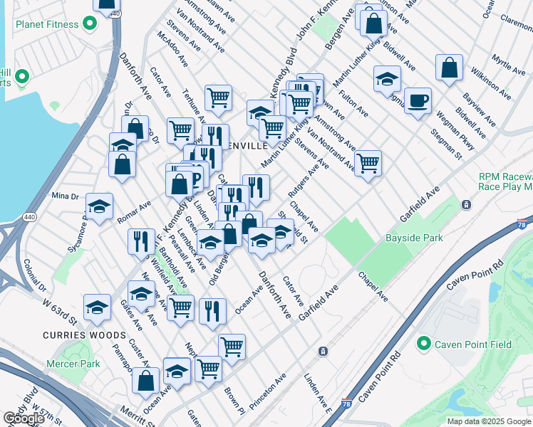 map of restaurants, bars, coffee shops, grocery stores, and more near 10 Rutgers Avenue in Jersey City