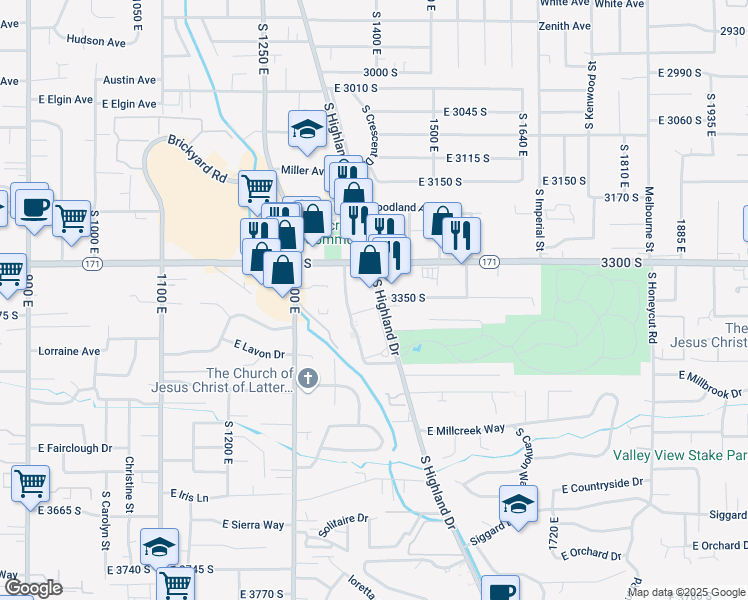 map of restaurants, bars, coffee shops, grocery stores, and more near 3398 South Highland Drive in Millcreek