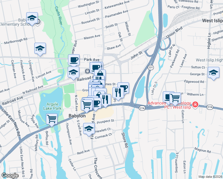 map of restaurants, bars, coffee shops, grocery stores, and more near 38 James Street in Babylon