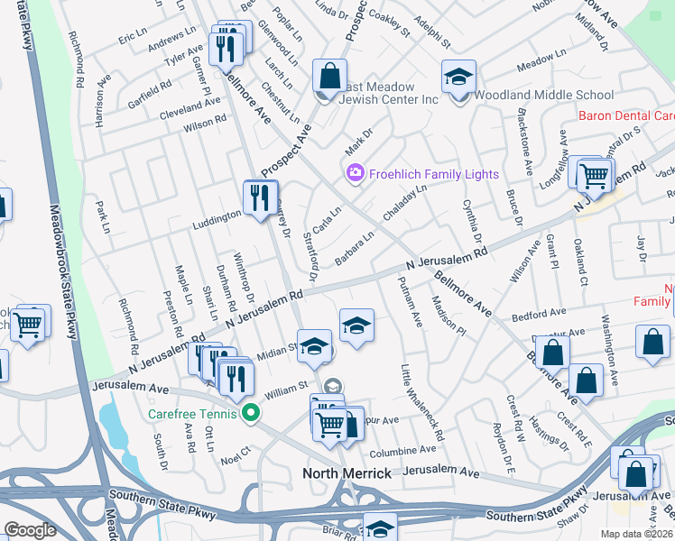 map of restaurants, bars, coffee shops, grocery stores, and more near 1612 North Jerusalem Road in Merrick