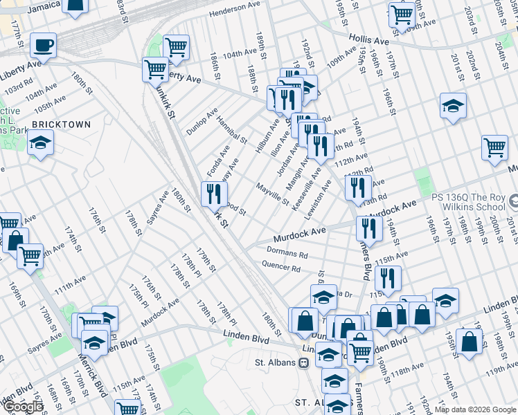 map of restaurants, bars, coffee shops, grocery stores, and more near 185-40 Jordan Avenue in Queens