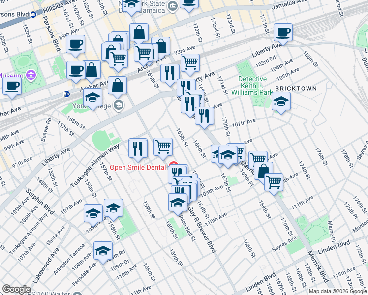 map of restaurants, bars, coffee shops, grocery stores, and more near 107-19 164th Street in Queens