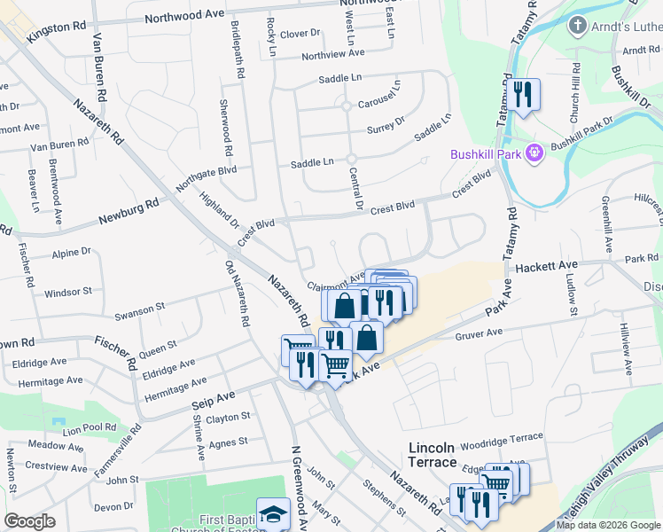 map of restaurants, bars, coffee shops, grocery stores, and more near 39 Clairmont Avenue in Easton