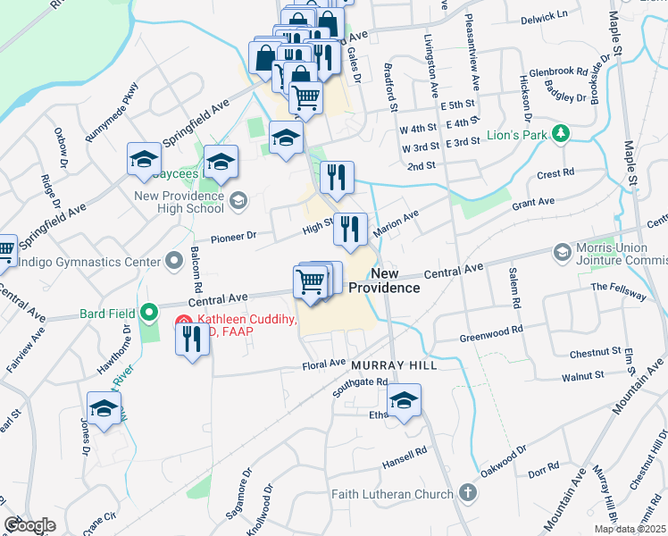 map of restaurants, bars, coffee shops, grocery stores, and more near 593 Central Avenue in New Providence