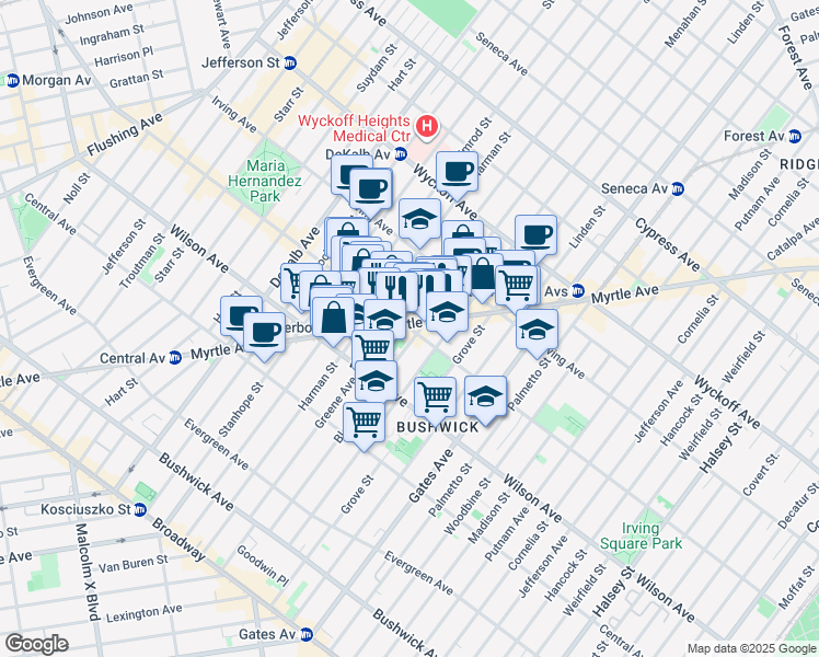 map of restaurants, bars, coffee shops, grocery stores, and more near Knickerbocker Avenue in Brooklyn