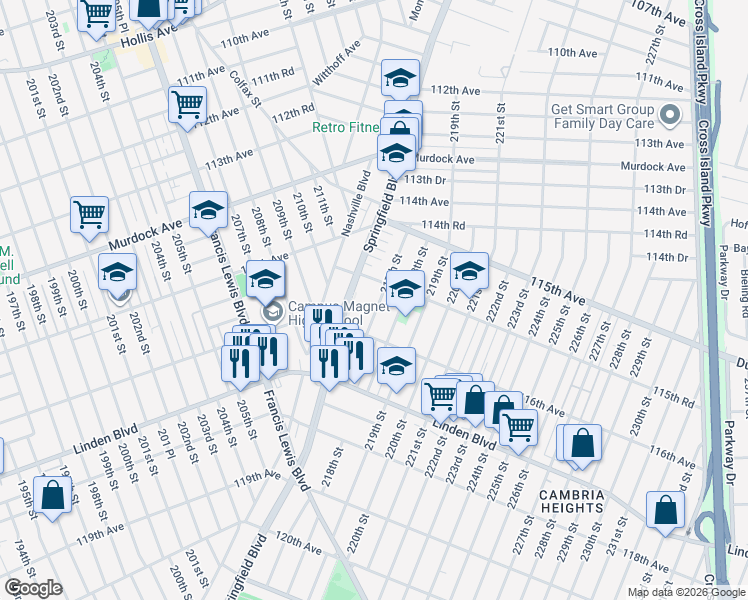 map of restaurants, bars, coffee shops, grocery stores, and more near 115-95 217th Street in Queens