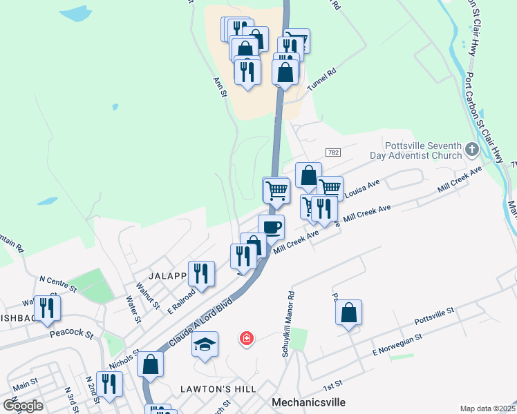 map of restaurants, bars, coffee shops, grocery stores, and more near 17 Mamies Avenue in Pottsville