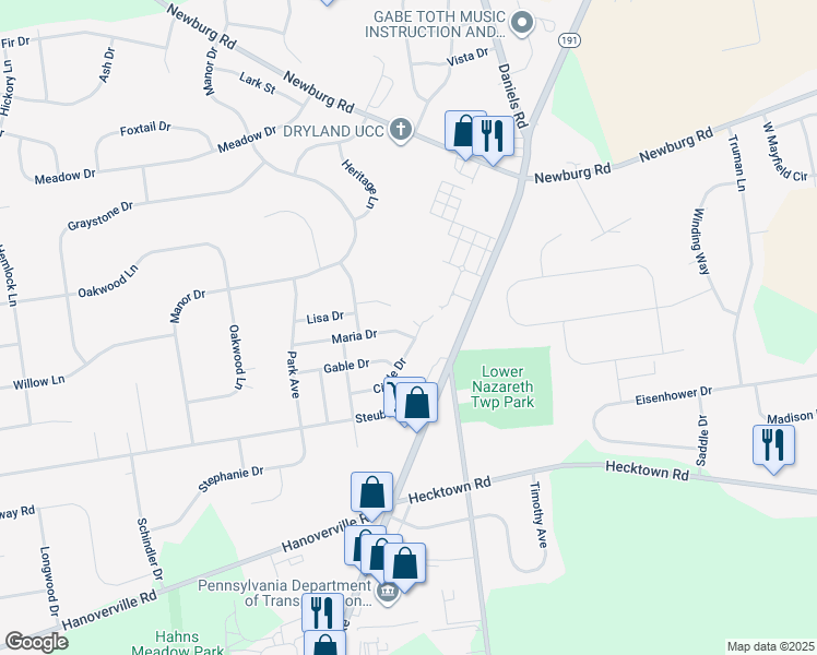 map of restaurants, bars, coffee shops, grocery stores, and more near 4422 Maria Drive in Bethlehem