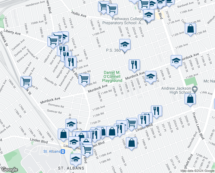 map of restaurants, bars, coffee shops, grocery stores, and more near 194-42 Murdock Avenue in Queens