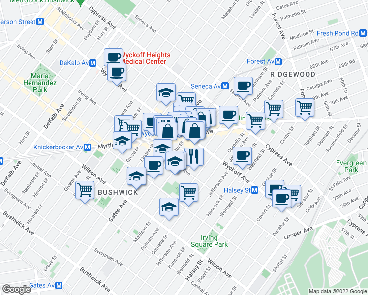 map of restaurants, bars, coffee shops, grocery stores, and more near 15 Ridgewood Place in Brooklyn