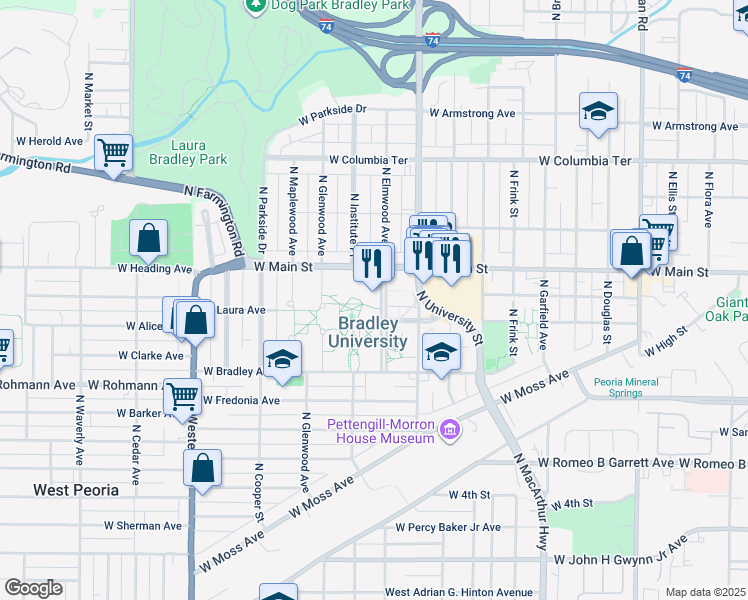 map of restaurants, bars, coffee shops, grocery stores, and more near 915 North Elmwood Avenue in Peoria