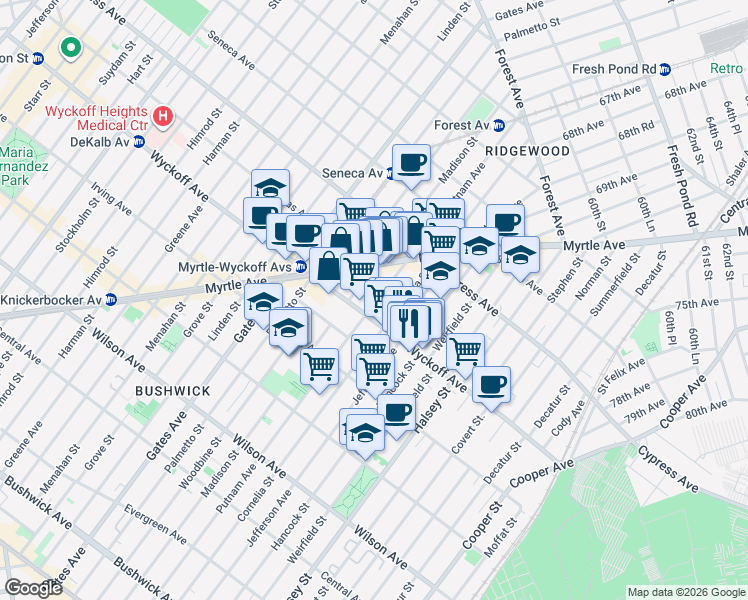 map of restaurants, bars, coffee shops, grocery stores, and more near 1615 Putnam Avenue in Queens