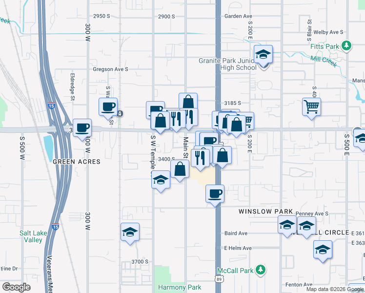 map of restaurants, bars, coffee shops, grocery stores, and more near 3350 South Main Street in South Salt Lake