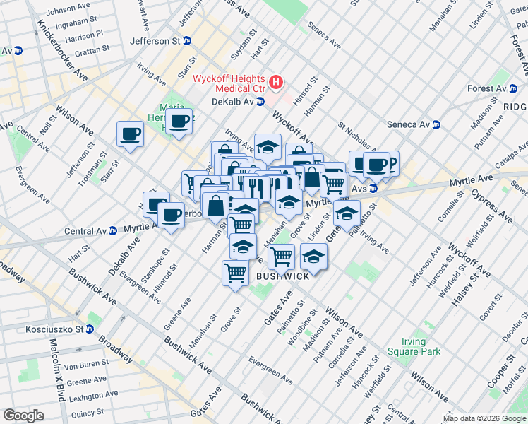 map of restaurants, bars, coffee shops, grocery stores, and more near Knickerbocker Avenue in Brooklyn