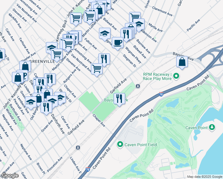 map of restaurants, bars, coffee shops, grocery stores, and more near 487 Garfield Avenue in Jersey City