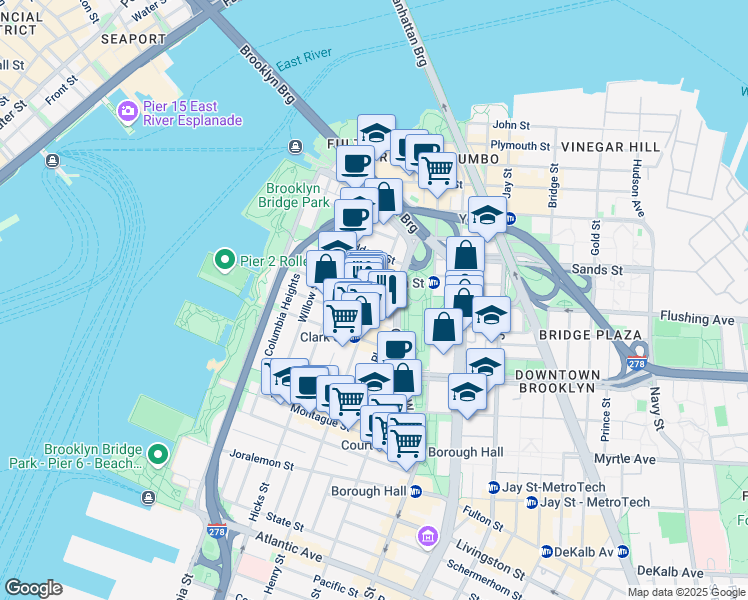 map of restaurants, bars, coffee shops, grocery stores, and more near Henry St & Orange St in Brooklyn