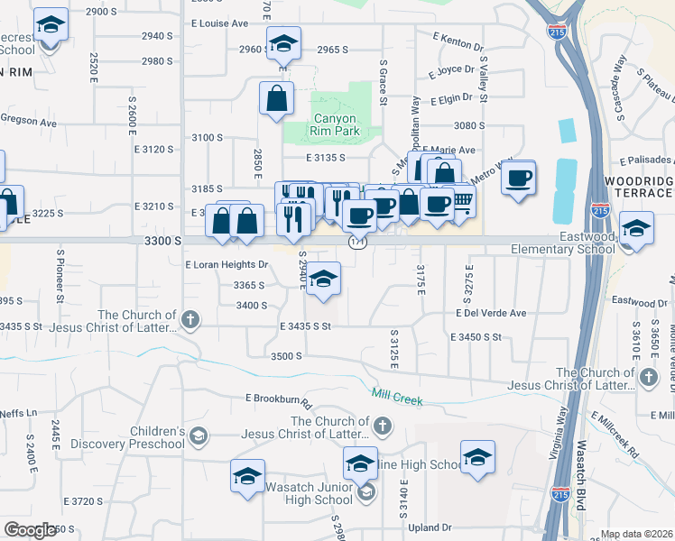 map of restaurants, bars, coffee shops, grocery stores, and more near 3316 South 3040 East in Salt Lake City