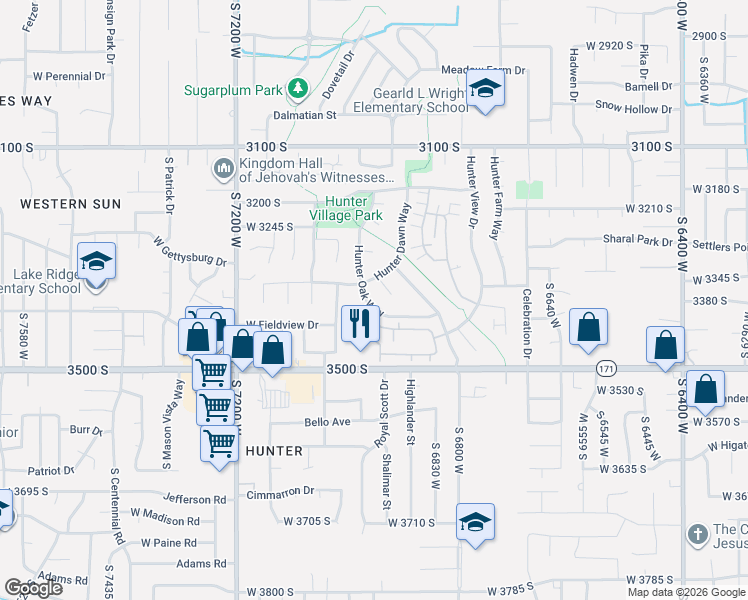 map of restaurants, bars, coffee shops, grocery stores, and more near 6968 Hunter Dawn Way in West Valley City