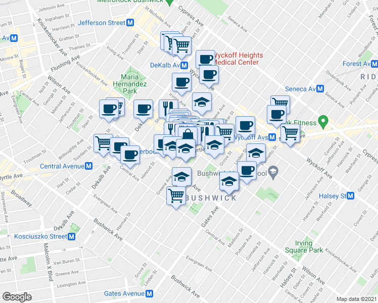 map of restaurants, bars, coffee shops, grocery stores, and more near Myrtle Avenue & Greene Avenue in Brooklyn