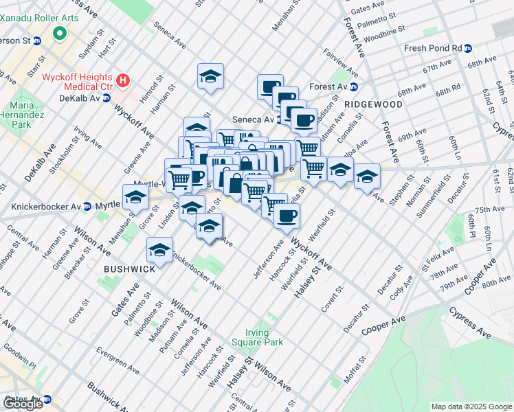 map of restaurants, bars, coffee shops, grocery stores, and more near 779 Wyckoff Avenue in Queens