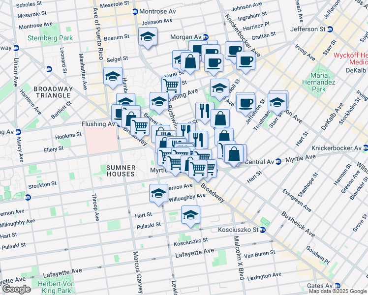 map of restaurants, bars, coffee shops, grocery stores, and more near 36 Arion Place in Brooklyn