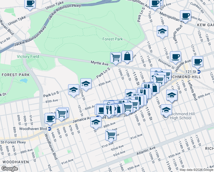 map of restaurants, bars, coffee shops, grocery stores, and more near 84-22 106th Street in Queens