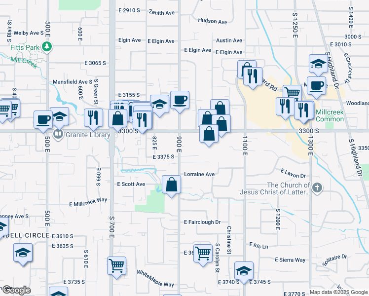 map of restaurants, bars, coffee shops, grocery stores, and more near 910-914 3300 South in Salt Lake City