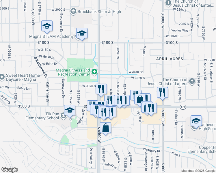 map of restaurants, bars, coffee shops, grocery stores, and more near 8343 West Clarry Circle in Magna