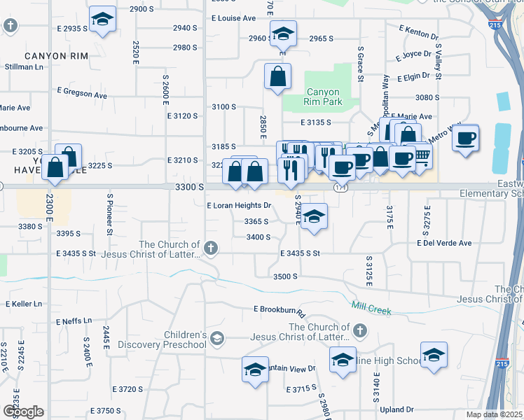 map of restaurants, bars, coffee shops, grocery stores, and more near 2848 East Loran Heights Drive in Salt Lake City