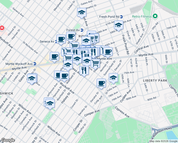 map of restaurants, bars, coffee shops, grocery stores, and more near 979 Seneca Avenue in Queens