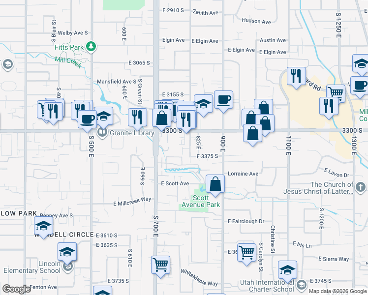 map of restaurants, bars, coffee shops, grocery stores, and more near 785 Amara Place in Millcreek