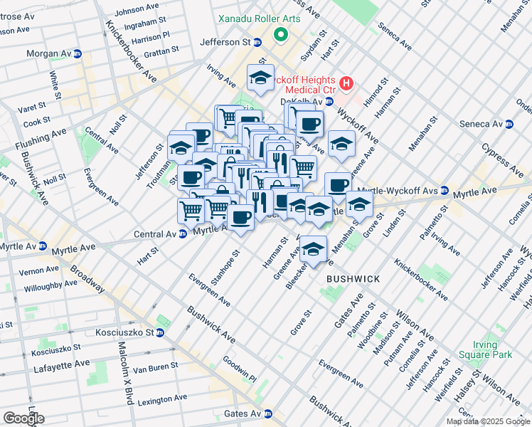 map of restaurants, bars, coffee shops, grocery stores, and more near Wilson Avenue & Stanhope Street in Brooklyn
