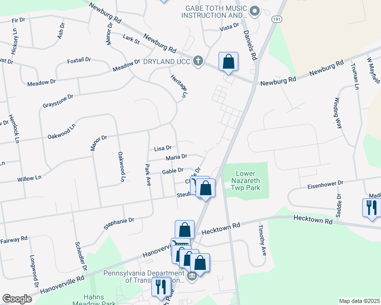 map of restaurants, bars, coffee shops, grocery stores, and more near 4428 Maria Drive in Bethlehem